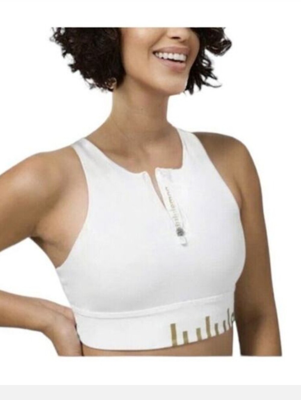 Lululemon Energy Bra High Neck Long Line Zip Special Edition- White, Gold SZ 6